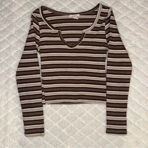 Full Tilt Brown and Cream Striped Long Sleeve Top